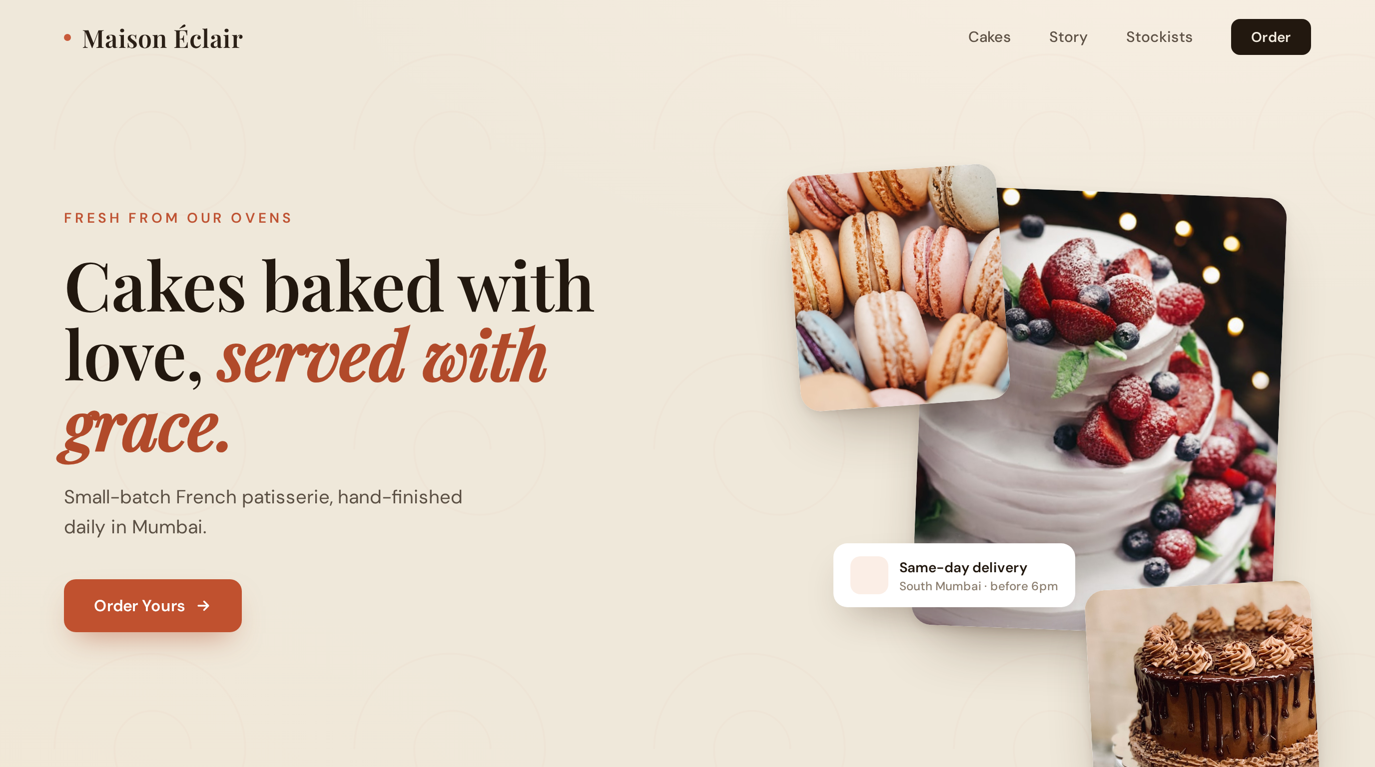 Maison Éclair website — desktop hero with featured cake